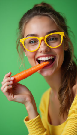 A vibrant young woman with long hair and bright yellow glasses playfully bites into a fresh carrot against a lively green background. Her joyful expression radiates positivity and health, making this image perfect for promoting healthy eating and fun lifestyles.の素材