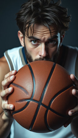 A focused male basketball player with a beard stares intensely at the camera while cradling a basketball. His piercing gaze and the textured surface of the ball create a powerful atmosphere of determination and passion for the game.の素材