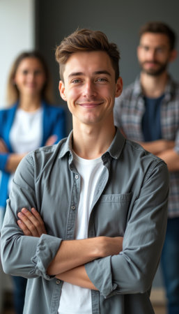 A cheerful young man stands confidently with his arms crossed, exuding positivity and self-assurance. Behind him, two friends share a supportive moment, creating a warm atmosphere of camaraderie and friendship.の素材