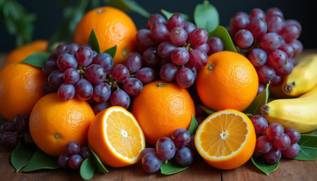 A colorful display of fresh oranges, luscious grapes, and ripe bananas is beautifully arranged on a wooden surface. The vivid colors and textures of the fruits create a mouthwatering scene, evoking feelings of freshness and vitality.の素材