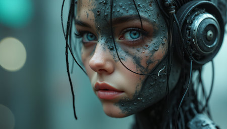A striking portrait of a young woman with cybernetic elements, her face glistening with droplets,...