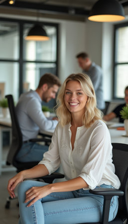 A confident young woman with blonde hair smiles warmly while seated in a contemporary office filled with colleagues engaged in work. The bright, airy environment reflects a collaborative atmosphere, showcasing the energy and positivity of a dynamic workplace.の素材