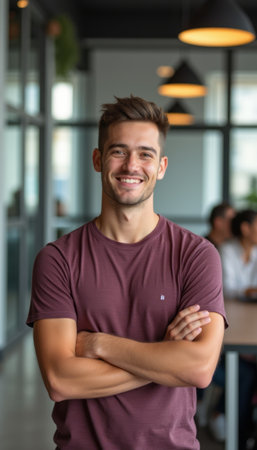 A cheerful young man with short brown hair stands confidently with his arms crossed in a stylish office environment. His warm smile radiates positivity, creating an inviting atmosphere that reflects professionalism and approachability.の素材