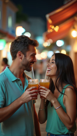 A happy couple, a man and a woman, are smiling at each other while holding refreshing drinks in a lively night market. The warm glow of string lights and the bustling atmosphere create a romantic and festive vibe, perfect for capturing moments of joy and connection.の素材