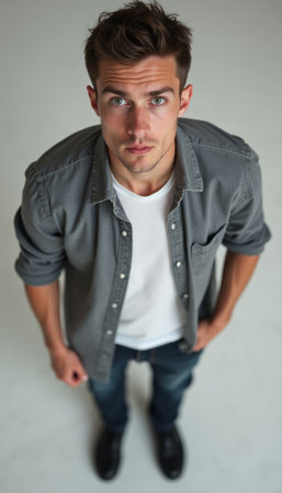 A stylish young man stands confidently, looking directly at the camera with an engaging expression. His casual outfit, featuring a gray button-up shirt over a white tee, complements his striking blue eyes and adds a modern touch to the image.の素材