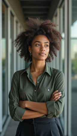 A poised woman with beautiful natural curls stands confidently in a sleek office corridor, arms crossed. Her expression radiates determination and professionalism, embodying the essence of modern empowerment in a stylish environment.の素材