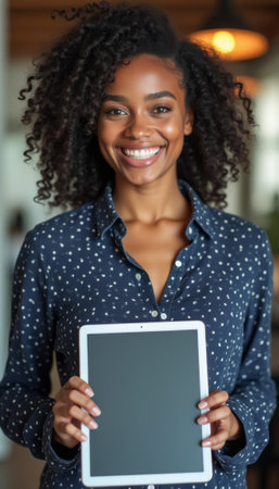A joyful young Black woman with curly hair beams as she holds a tablet in a stylish, modern workspace. Her vibrant smile radiates positivity, inviting creativity and connection in a warm, inviting atmosphere.の素材