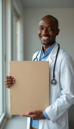 A confident Black male doctor stands by a window, holding a blank clipboard with a warm smile. His white coat and stethoscope signify professionalism and care, inviting trust and reassurance.の素材