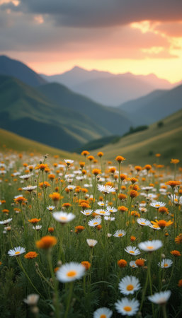 A breathtaking meadow filled with vibrant daisies and orange flowers stretches across rolling hills, bathed in the warm glow of a stunning sunset. The majestic mountains in the background create a serene backdrop, enhancing the tranquil beauty of natures palette.の素材