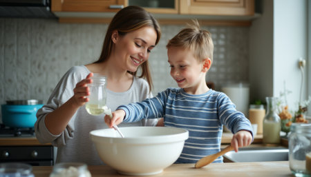 A smiling mother and her young son are joyfully preparing a meal in a bright, inviting kitchen. The scene captures the warmth of family bonding as they mix ingredients, showcasing love and togetherness in a delightful cooking moment.の素材