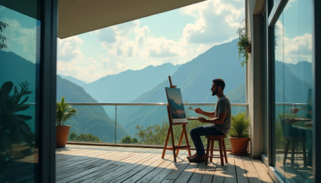 A focused man sits on a wooden deck, painting a breathtaking mountain view on his easel. The tranquil atmosphere, framed by lush greenery and majestic peaks, inspires creativity and peace.の素材
