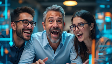 A diverse group of three professionals, two men and one woman, are joyfully celebrating a successful project in a modern office setting. Their expressions radiate excitement and camaraderie, enhanced by vibrant digital graphics in the background that symbolize innovation and teamwork.の素材