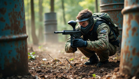 A focused soldier crouches in a forest, gripping a paintball gun, ready for action amidst weathered barrels. The scene captures the thrill of tactical gameplay, highlighting the soldiers determination and the vibrant natural backdrop.の素材