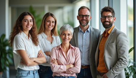 A diverse group of five professionals, including three women and two men, stand together in a modern office setting, exuding confidence and camaraderie. Their warm smiles and relaxed postures reflect a positive work environment, highlighting teamwork and collaboration in a contemporary corporate space.の素材