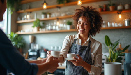 A cheerful barista with curly hair hands a cup of coffee to a customer in a cozy cafÃ© filled with greenery. The inviting atmosphere and friendly interaction create a sense of community and warmth, perfect for coffee lovers.の素材