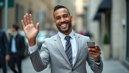 A cheerful businessman in a tailored gray suit waves enthusiastically while holding a smartphone in his other hand. His bright smile radiates positivity, capturing the essence of modern professionalism and approachability in an urban setting.の素材