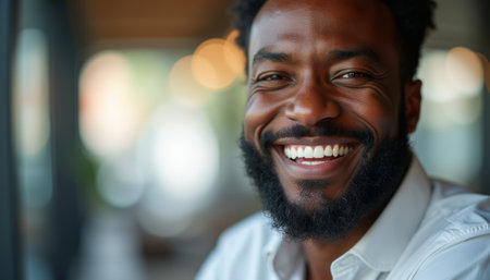 A cheerful Black man with a full beard beams with joy, showcasing his bright white teeth against a softly blurred background. His infectious smile radiates warmth and positivity, inviting connection and happiness.の素材