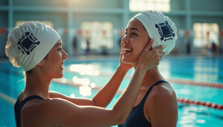 Two young women, both wearing white swim caps, share a moment of joy by the poolside, adjusting each others caps with smiles. The scene captures the essence of friendship and teamwork in a vibrant aquatic environment, highlighting their camaraderie and shared passion for swimming.の素材