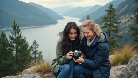 Two friends sharing a joyful moment while reviewing s on a camera amidst stunning mountain scenery. Their laughter and connection radiate warmth, capturing the essence of friendship in natures embraceの素材