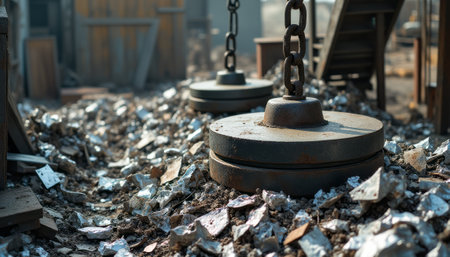 Two large, rusted magnets lie amidst a chaotic landscape of crushed metal scraps, reflecting the remnants of industrial activity. The image captures the raw beauty of decay and the remnants of a once-bustling workspace, evoking feelings of nostalgia and the passage of time.の素材