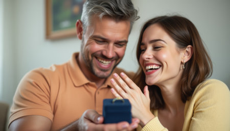 A happy couple shares a heartfelt engagement moment, with the man presenting a ring in a blue box while the woman beams with joy. Their expressions radiate love and excitement, capturing the essence of a beautiful commitment.の素材