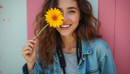A cheerful young woman playfully covers half her face with a vibrant sunflower, showcasing her radiant smile. The pastel pink and green background enhances the lively atmosphere, evoking feelings of joy and warmth.の素材