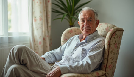 An elderly man with gray hair sits comfortably in a floral-patterned armchair, gazing thoughtfully out the window. The warm, inviting atmosphere of the room, highlighted by soft natural light, enhances the sense of tranquility and reflection.の素材