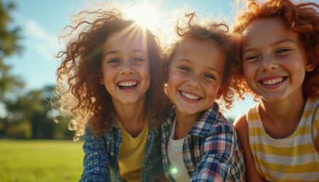 The image captures three cheerful girls with curly hair, radiating happiness as they pose together in a vibrant green park. Their infectious smiles and the warm sunlight create a lively atmosphere, celebrating friendship and carefree childhood moments.の素材