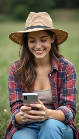 A cheerful young woman with long brown hair, wearing a straw hat and a plaid shirt, is sitting on the grass while engaging with her smartphone. The image radiates joy and relaxation, capturing a moment of connection with nature and technology in a serene outdoor setting.の素材