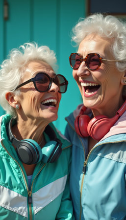 Two stylish elderly women with curly white hair and sunglasses are joyfully laughing together, showcasing their vibrant personalities. Their colorful outfits and headphones reflect a lively spirit, celebrating friendship and the joy of life in a bright, cheerful setting.の素材