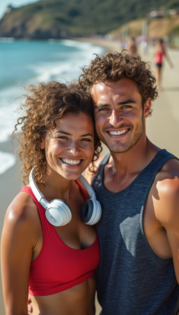 A happy couple stands close together on a sunlit beach, radiating joy and warmth. With the ocean waves gently lapping at their feet, their smiles capture the essence of love and adventure, making this moment unforgettable.の素材
