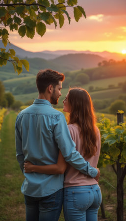 A young couple stands closely together, gazing into each others eyes as the sun sets behind rolling hills in a picturesque vineyard. The warm glow of the sunset casts a romantic light on their faces, highlighting their connection amidst the lush greenery.の素材