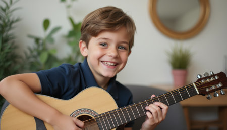 A cheerful young boy with light brown hair smiles brightly while strumming an acoustic guitar. The warm atmosphere is enhanced by soft greenery and a cozy interior, capturing the joy of music and childhood.の素材