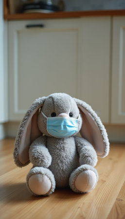 This charming gray stuffed bunny sits on a wooden floor, wearing a light blue mask that adds a playful yet poignant touch. The image evokes feelings of comfort and safety, reminding us of the importance of health and protection in a whimsical way.の素材