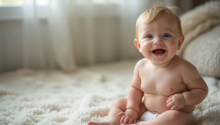 A cheerful baby with curly blonde hair beams joyfully while sitting on a plush, cream-colored blanket. The warm sunlight filters through the window, creating a cozy atmosphere that enhances the babys infectious happiness.の素材