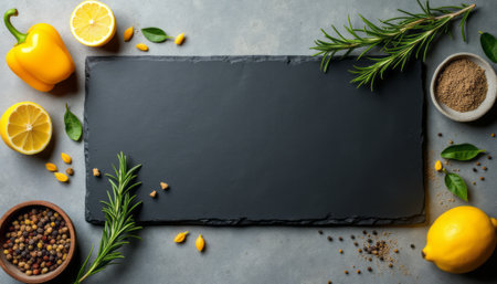 A beautifully arranged slate board is surrounded by fresh lemons, yellow bell peppers, and aromatic rosemary, creating a feast for the senses. The vibrant colors and textures of the ingredients evoke a sense of freshness and culinary creativity, perfect for food enthusiasts and chefs alike.の素材