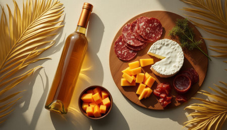 An inviting cheese and charcuterie board features a variety of cheeses, cured meats, and a bottle of wine, all set against a warm, tropical backdrop. The vibrant colors and textures create a perfect atmosphere for a cozy gathering or celebration, evoking feelings of indulgence and relaxation.の素材