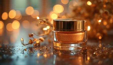 A luxurious jar of shimmering beauty cream sits elegantly on a reflective surface, surrounded by soft, warm bokeh lights. The golden hues of the cream and the twinkling lights create a magical atmosphere, perfect for showcasing beauty and self-care.の素材