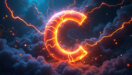 A vibrant, glowing letter C radiates energy amidst a dramatic stormy backdrop filled with swirling clouds and electric sparks. This captivating image evokes a sense of power and creativity, perfect for branding or artistic projects.の素材