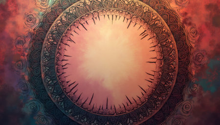 This mesmerizing mandala features a central glowing circle surrounded by detailed patterns and vibrant hues. The intricate designs and rich colors evoke a sense of tranquility and spiritual awakening, inviting viewers to explore the depths of their imagination.の素材