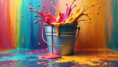 A metallic bucket overflows with bright pink and orange paint, creating a dynamic splash against a colorful, abstract background. The vivid colors and energetic movement evoke a sense of creativity and joy, perfect for artistic projects or vibrant designs.の素材