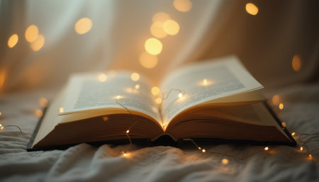 An enchanting open book rests on a soft, textured surface, illuminated by twinkling fairy lights that create a magical atmosphere. The warm glow of the lights dances around the pages, inviting readers to dive into a world of imagination and wonder.の素材