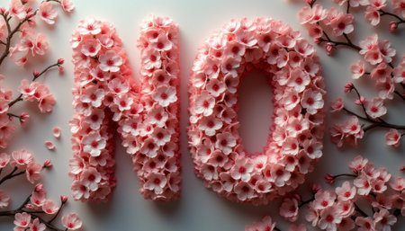 A vibrant arrangement of delicate pink flowers forms the word NO, surrounded by additional blossoms and branches. This artistic composition conveys a strong message of refusal, beautifully juxtaposed with the softness of the floral elements, creating a striking visual impact.の素材