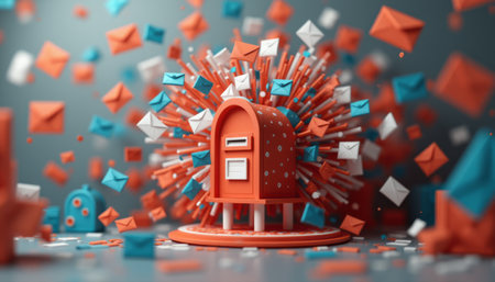A striking red mailbox stands at the center, surrounded by an explosion of blue and white envelopes, creating a dynamic and playful scene. This image captures the excitement of communication and connection, symbolizing the joy of receiving messages in a lively and artistic manner.の素材
