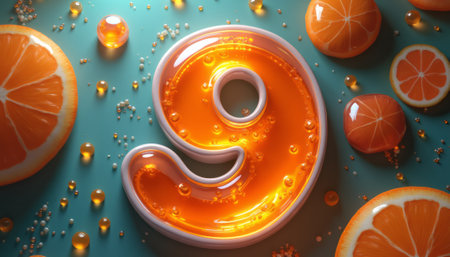 A glossy, vibrant orange number nine is artistically surrounded by slices of oranges and tangerines, creating a refreshing and playful atmosphere. The image bursts with energy, showcasing the juicy appeal of citrus fruits, enhanced by glistening droplets that evoke a sense of freshness and zest.の素材