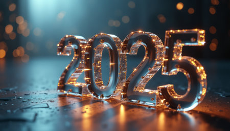 The image showcases the year 2025 crafted from transparent material, glowing with twinkling lights against a dreamy, blurred background. This vibrant scene captures the excitement and anticipation of the New Year, inviting viewers to celebrate new beginnings and possibilities.の素材