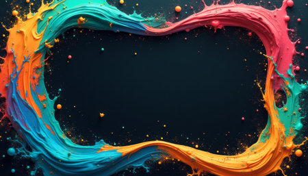 A dynamic splash of vibrant blue, orange, and pink paint creates a lively frame against a dark background. This artistic composition evokes creativity and energy, perfect for showcasing artistic projects or vibrant designs.の素材
