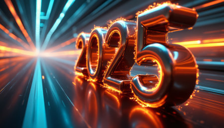 The image showcases the bold number 2025 in a metallic finish, illuminated by vibrant orange sparks against a dynamic blue and black background. This visually striking representation captures the excitement and anticipation of the New Year, symbolizing innovation and a bright future.の素材