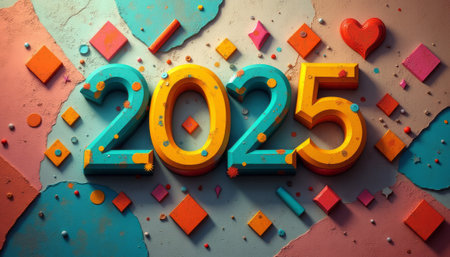 The image showcases a bold and playful 2025 in bright colors, surrounded by an array of geometric shapes and festive elements. This lively composition radiates joy and excitement, perfect for welcoming the New Year with a sense of fun and creativity.の素材