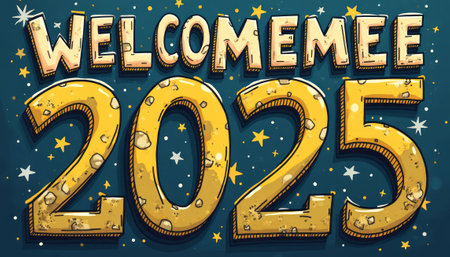A colorful and festive illustration featuring the bold text WELCOME 2025 adorned with sparkling...
